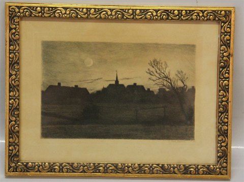 Aftensteming - radering af Carl Locher 24,5 x ca 32 cm inklusiv original gammel 
guldramme