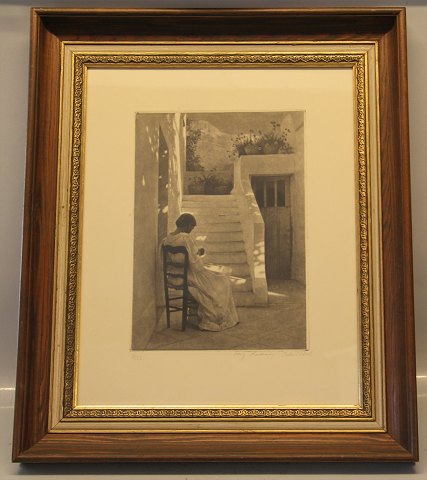 Girl Sewing in an Italian Villa (Mezzotint in colors, c. 1928 Peter Ilsted (Not 
in OS). 26.3 x 19.1 cm.; 10 3/8 x 7 3/8". Signed in pencil # 34 of 50