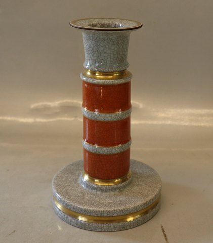 212-3338 RC Grey candlestick with red and gold 18 cm Royal Copenhagen Craquelé, 
(Crackelure)
