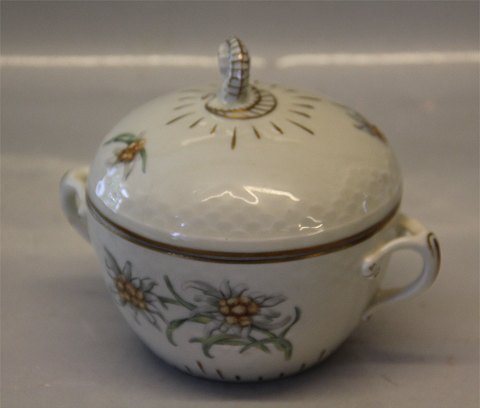 094 Sugar bowl (large) 12 cm (302) Mimer B&G Cream porcelain Edelweiss flower, 
gold rim, form 356
