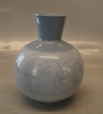 B&G Vase with stylized drawings with peke dog and a siam cat on blue glaze 14.5 
cm Ebbe Sadolin B&G Art Pottery