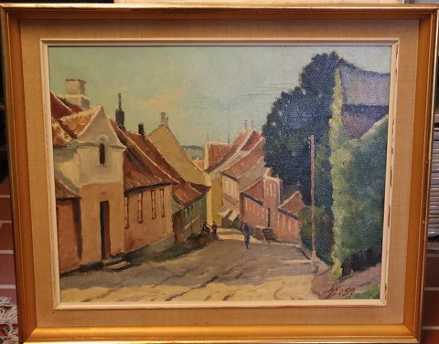 Maleri: Gunnar Bundgaard  1959 Motiv fra Den Gamle By Mariager ved Mariagerfjord 
 - Fuglsangsgade, Apotekergaarden  ca 50 x 60 cm