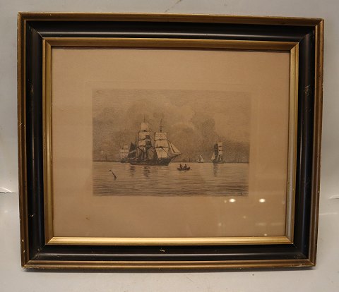 Etching: Carl Locher 1907 Marine motivf with sailships 45 x 41 cm including 
original glass and frame